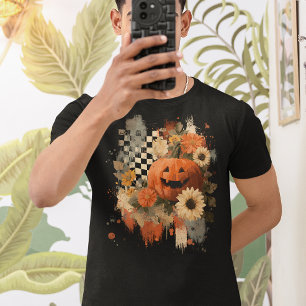 Pumpkin Halloween Checkered Board Retro T-Shirt