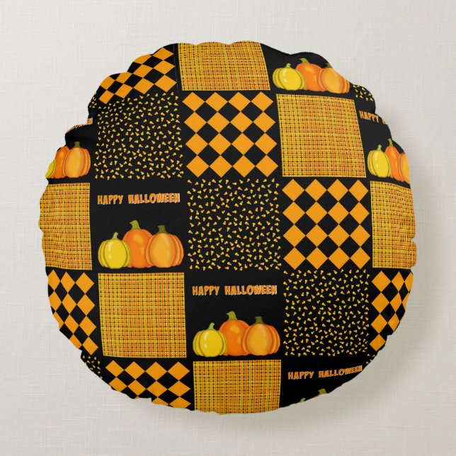 Pumpkin Halloween Patchwork Pattern Rundes Kissen (Vorderseite)