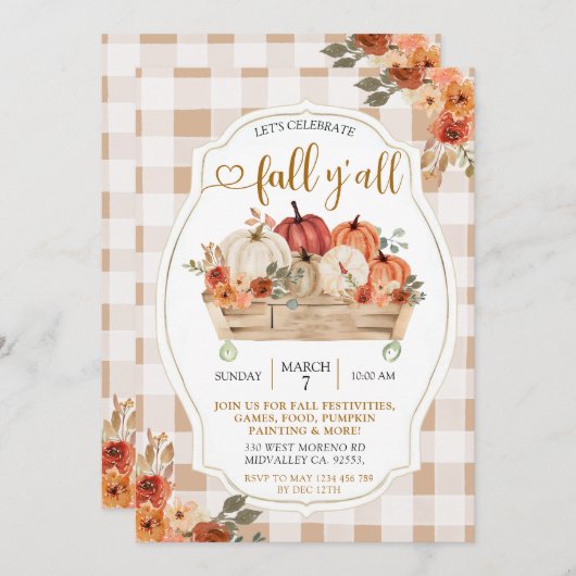 Pumpkin Harvest Brown Gingham Fall Y'all Party Einladung (Vorne/Hinten)