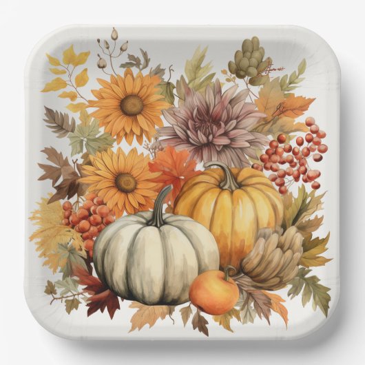 Pumpkin Harvest Floral Medley: Foliage und Florals Pappteller (Vorderseite)