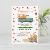 Pumpkin, Hay, Blätter, Fall Birthday Green Truck Einladung (Stehend Vorderseite)