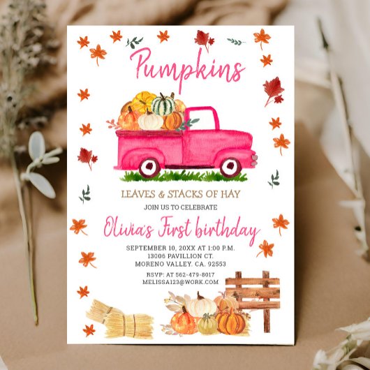 Pumpkin, Hay, Blätter, Fall Birthday Pink Truck Einladung
