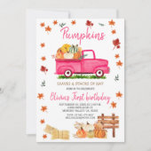 Pumpkin, Hay, Blätter, Fall Birthday Pink Truck Einladung (Vorderseite)