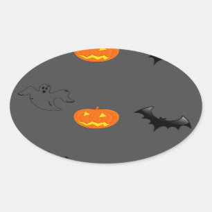 Pumpkin head, bat and ghost on gray ovaler aufkleber