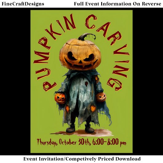 Pumpkin Head Scarecrow Spooky Carving Party Bu C6 Einladung