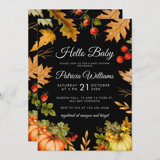 Pumpkin Hello Baby Foliage Herbst Babydusche Einladung (Vorne/Hinten)