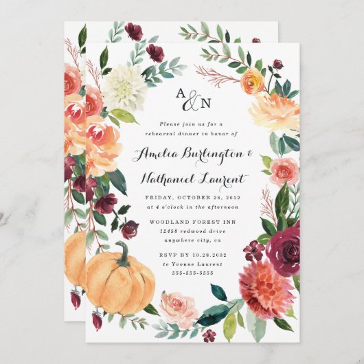 Pumpkin Herbst Chic Floral Rustikale Probe Abendes Einladung (Vorne/Hinten)