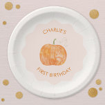 Pumpkin Herbst Erster 1. Geburtstag Pappteller<br><div class="desc">Ein Aquarellkürbis auf einem rosa,  modernen,  welligen Hintergrund für eine Herbstfeier zum ersten Geburtstag im Herbst. Ändern Sie den Text zum Anpassen. Originelle Kunst von Nic Squirrell.</div>