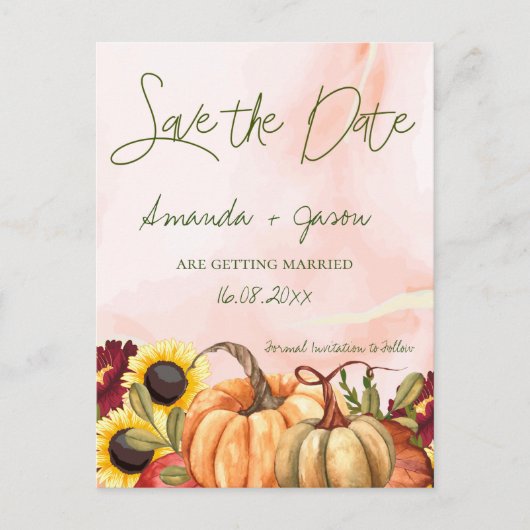 Pumpkin Herbstflorale Hochzeit im Herbst Save the Postkarte (Vorderseite)