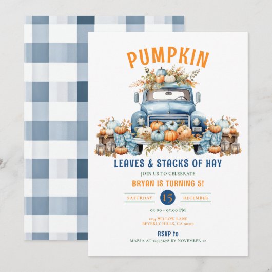 Pumpkin-Herbstlaube und Heustapel zum 5. Geburtsta Einladung (Vorne/Hinten)