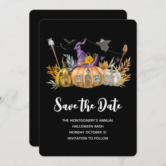 Pumpkin House mit Ghost & Bats Save The Date (Vorne/Hinten)