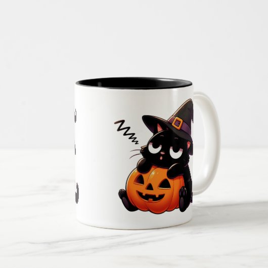 Pumpkin Hugging Witch Cat Halloween Mug | Two-Side Zweifarbige Tasse (VorderseiteRechts)
