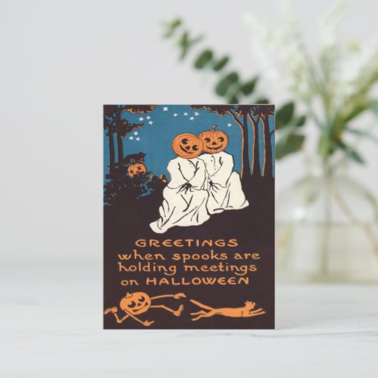Pumpkin Jack O' Lantern Ghost Black Cat Tree Postkarte (Stehend Vorderseite)