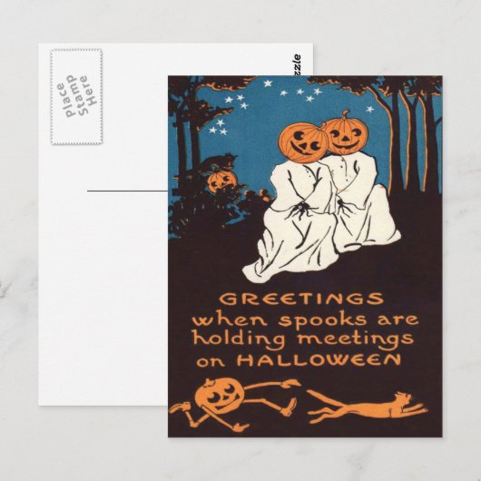 Pumpkin Jack O' Lantern Ghost Black Cat Tree Postkarte (Vorne/Hinten)