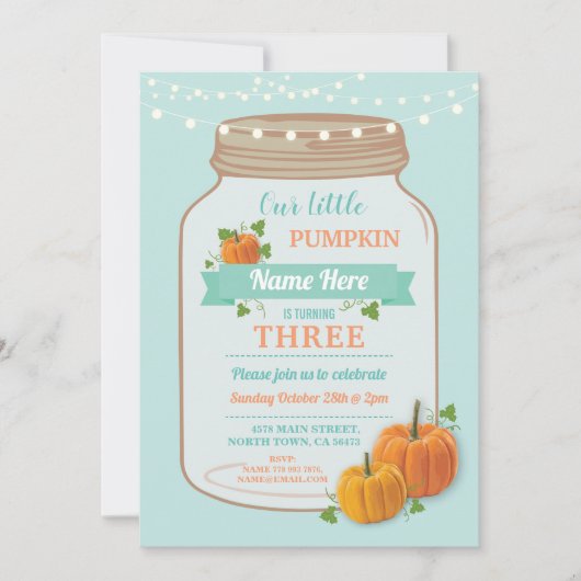 Pumpkin Jar Birthday Herbst Party Minze Lights lad Einladung (Vorderseite)