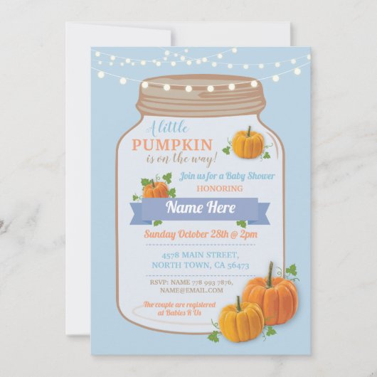 Pumpkin Jar Fall Blue Boy Baby Dusche laden Einladung (Vorderseite)