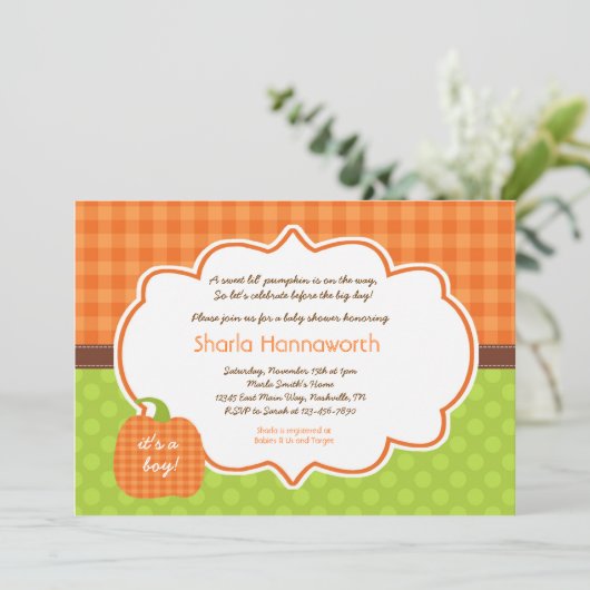 Pumpkin-Kinderdusche lädt Junge oder Mädchen-neutr Einladung (Stehend Vorderseite)