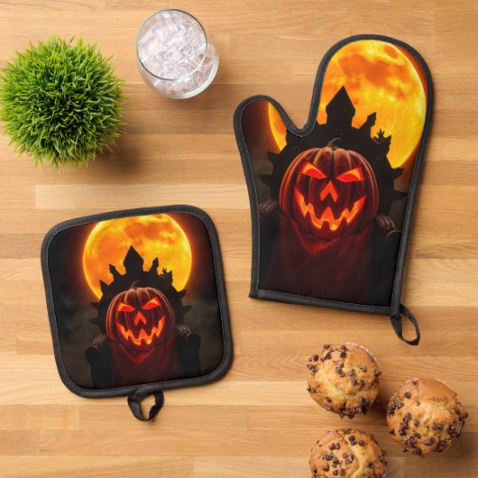 Pumpkin King Eclipse Halloween Oven Mitt Set (Oben Unten)