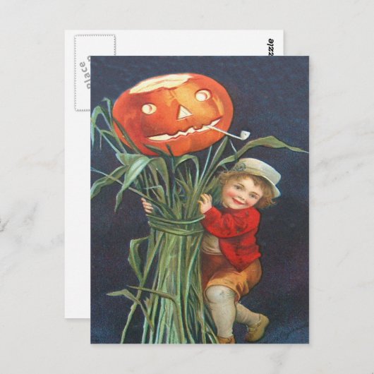Pumpkin Kürbislaterne Cornstalk Boy Postkarte (Vorne/Hinten)