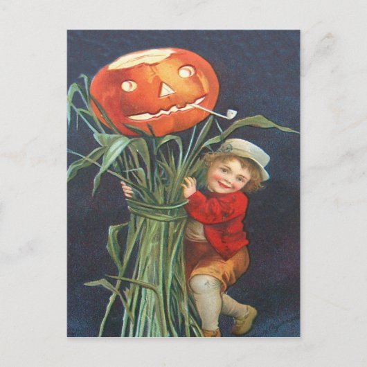 Pumpkin Kürbislaterne Cornstalk Boy Postkarte (Vorderseite)