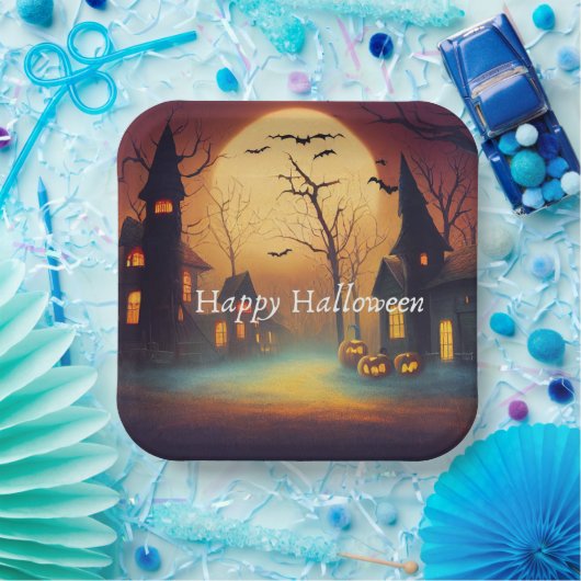 Pumpkin Lights Castle Halloween Pappteller (Party)