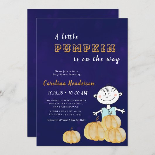 Pumpkin Lila Funny Boy Baby Dusche Einladung (Vorne/Hinten)