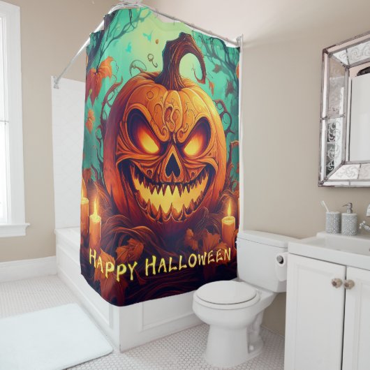 Pumpkin mit Beängstigendem Gesicht unter Kerzen, H Duschvorhang (Beispiel)