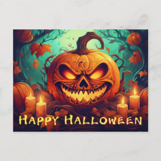 Pumpkin mit Beängstigendem Gesicht unter Kerzen, H Feiertagspostkarte