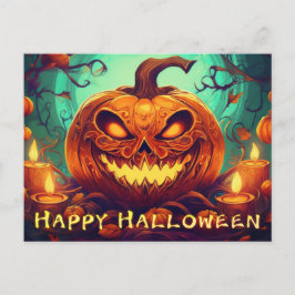 Pumpkin mit Beängstigendem Gesicht unter Kerzen, H Feiertagspostkarte