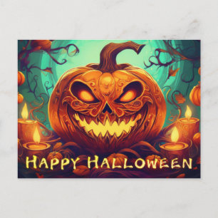 Pumpkin mit Beängstigendem Gesicht unter Kerzen, H Feiertagspostkarte