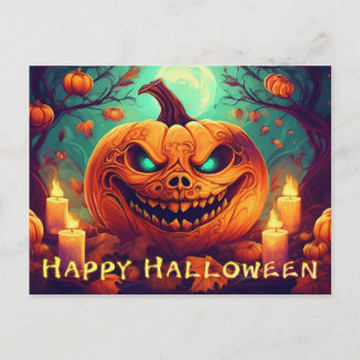 Pumpkin mit Beängstigendem Gesicht unter Kerzen, H Feiertagspostkarte