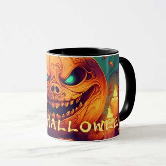 Pumpkin mit Beängstigendem Gesicht unter Kerzen, H Tasse (VorderseiteRechts)