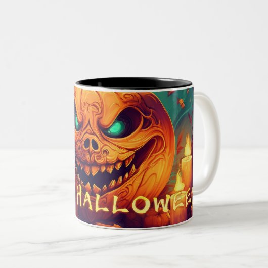 Pumpkin mit Beängstigendem Gesicht unter Kerzen, H Zweifarbige Tasse (VorderseiteRechts)