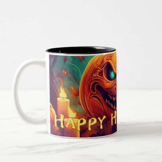 Pumpkin mit Beängstigendem Gesicht unter Kerzen, H Zweifarbige Tasse (Links)