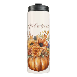 Pumpkin mit Blume- dankbar und dankbar- Thermosbecher