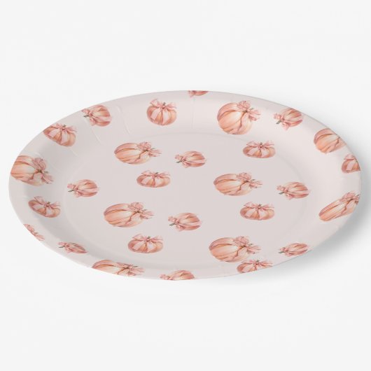 Pumpkin mit Pink Bow Girl Babydusche Pappteller (Schrägansicht)