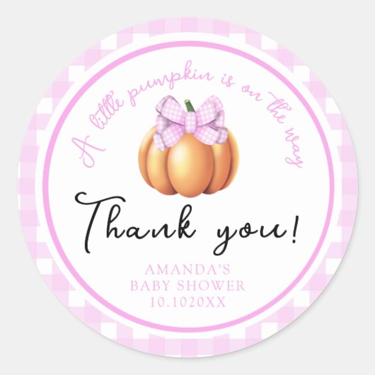Pumpkin mit rosa Bogen danke Baby-Dusche Runder Aufkleber (Vorderseite)