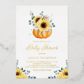 Pumpkin mit Sonnenblumen Rustic Fall Baby Dusche Folieneinladung (Vorderseite)