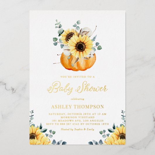 Pumpkin mit Sonnenblumen Rustic Fall Baby Dusche Folieneinladung (Vorderseite)
