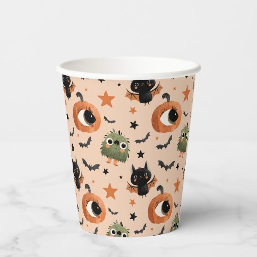 Pumpkin Monster & Bat Pattern Whimsisches Hallowee Pappbecher (Rückseite)