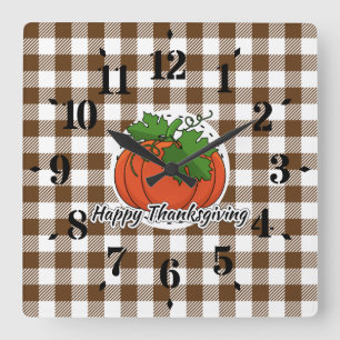Pumpkin on Brown Kariert - Glückliches Erntedankfe Quadratische Wanduhr