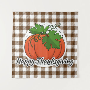 Pumpkin on Brown Kariert - Glückliches Erntedankfe Wandteppich