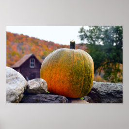 Pumpkin on Rock Wall in Vermont, Herbst Poster