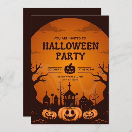 Pumpkin Orange & Black Simple Halloween-Party Einladung (Vorne/Hinten)