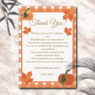 Pumpkin Orange Gingham Fall Baby Dusche Dankeskarte