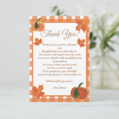 Pumpkin Orange Gingham Fall Baby Dusche Dankeskarte (Stehend Vorderseite)