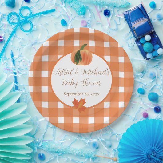 Pumpkin Orange Gingham Fall Baby Dusche Pappteller (Party)