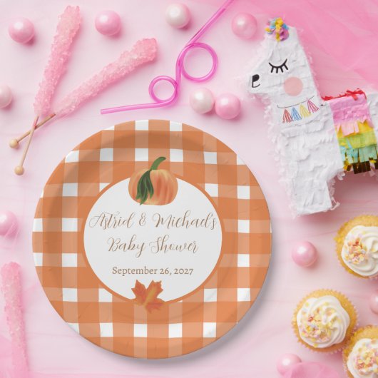 Pumpkin Orange Gingham Fall Baby Dusche Pappteller (Party)