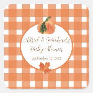 Pumpkin Orange Gingham Fall Baby Dusche Quadratischer Aufkleber