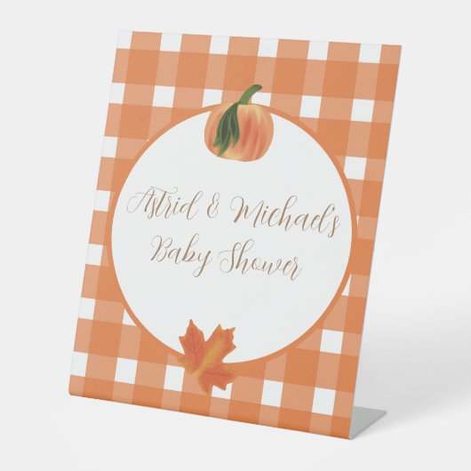 Pumpkin Orange Gingham Fall Baby Dusche Sockelschild (Vorderseite)